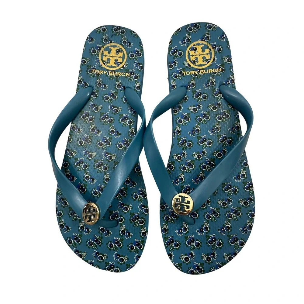 Tory Burch Teal Blue Blueberry Floral Flip Flop Gold Logo Medallion 10.5